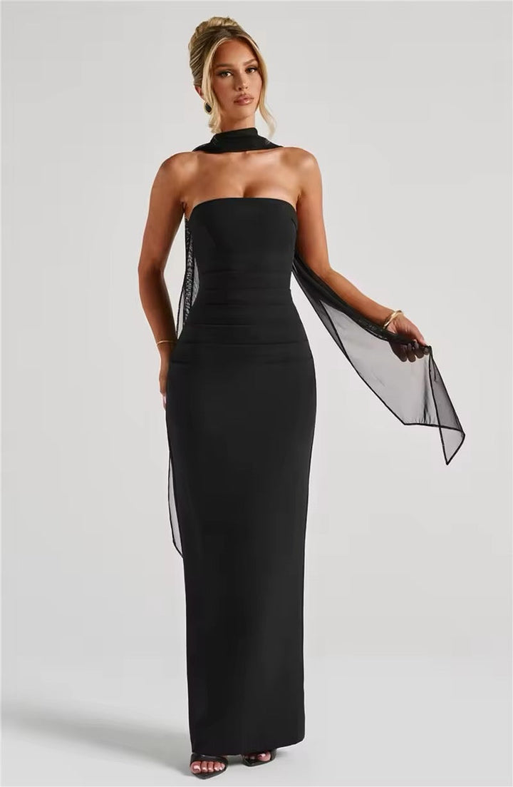 Maxi strapless dress with glove and chiffon scarf decoration - Annabel
