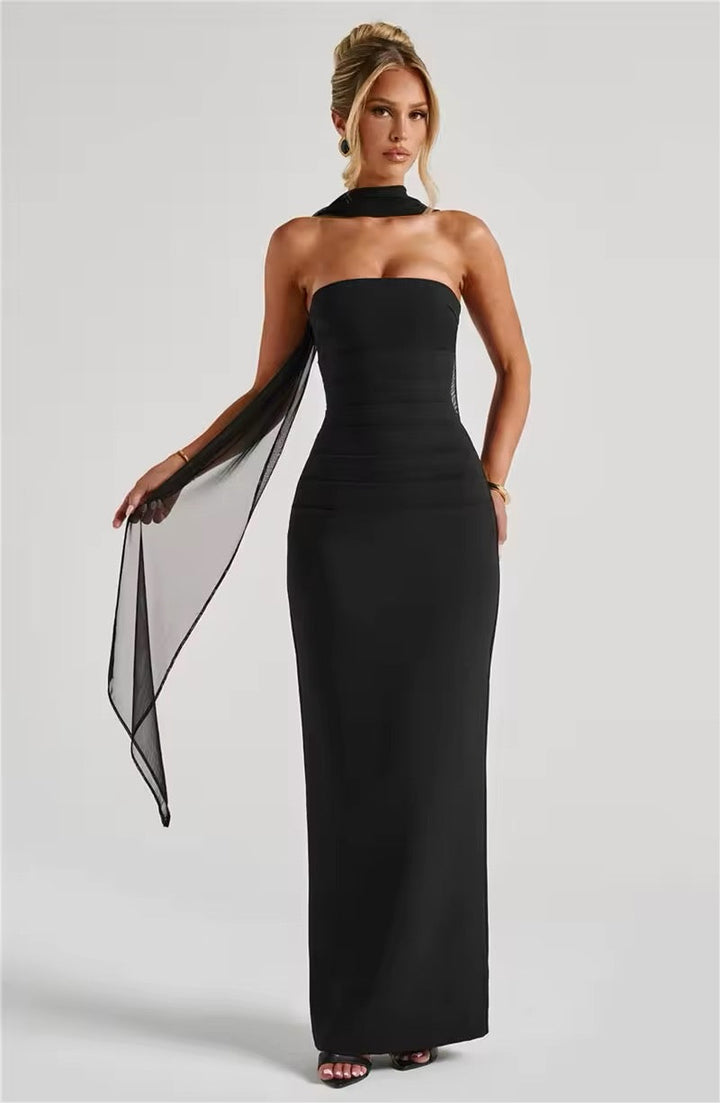 Maxi strapless dress with glove and chiffon scarf decoration - Annabel