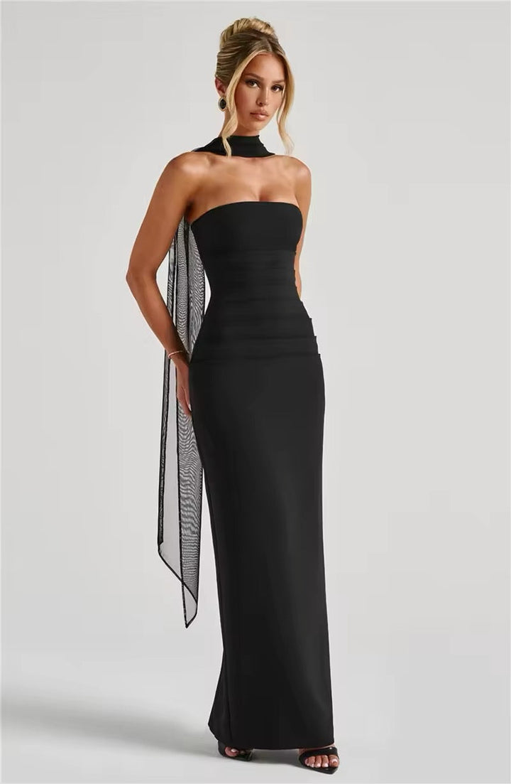 Maxi strapless dress with glove and chiffon scarf decoration - Annabel