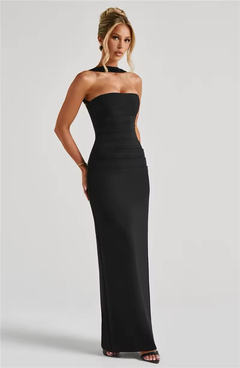 Maxi strapless dress with glove and chiffon scarf decoration - Annabel