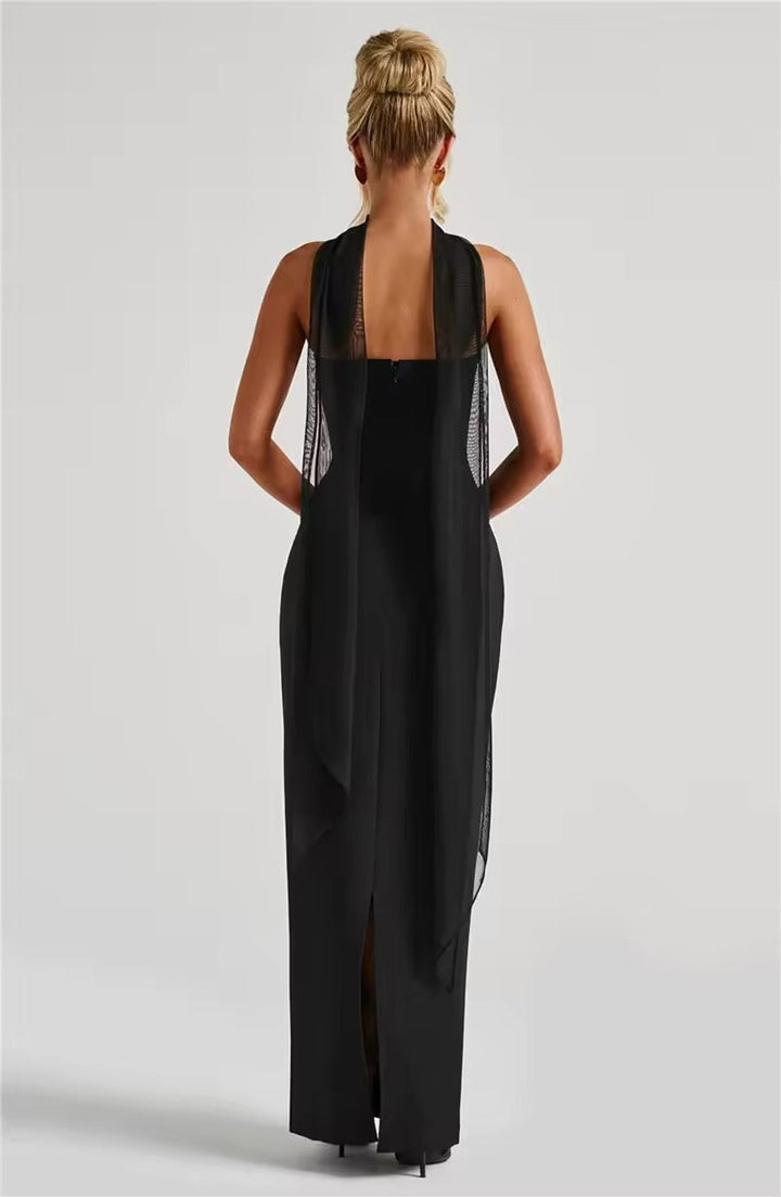 Maxi strapless dress with glove and chiffon scarf decoration - Annabel