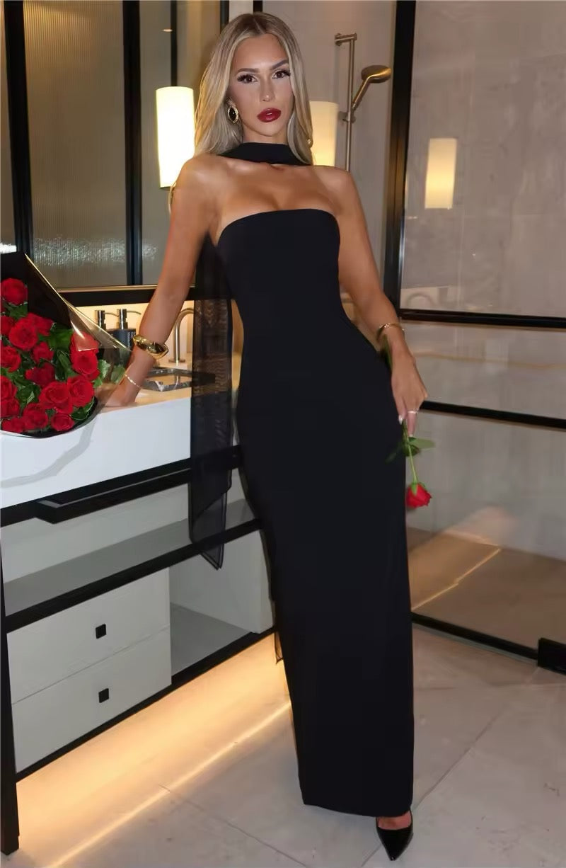 Maxi strapless dress with glove and chiffon scarf decoration - Annabel