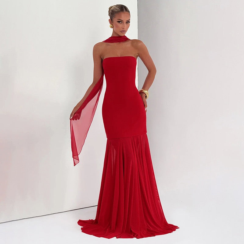 Strapless maxi dress with chiffon and matching scarf decoration - Gigi