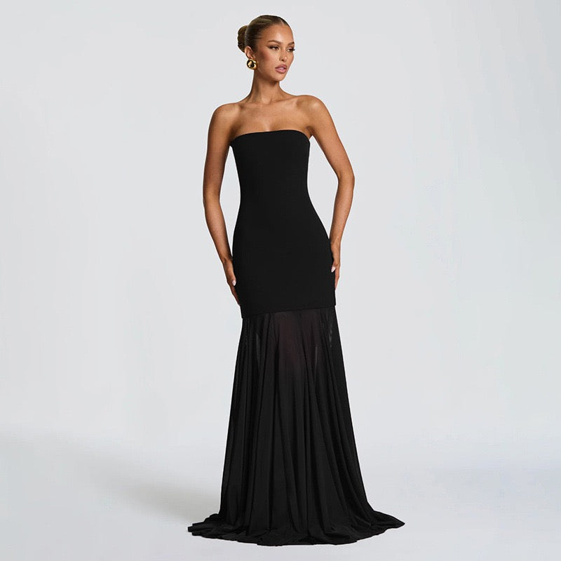 Strapless maxi dress with chiffon and matching scarf decoration - Gigi