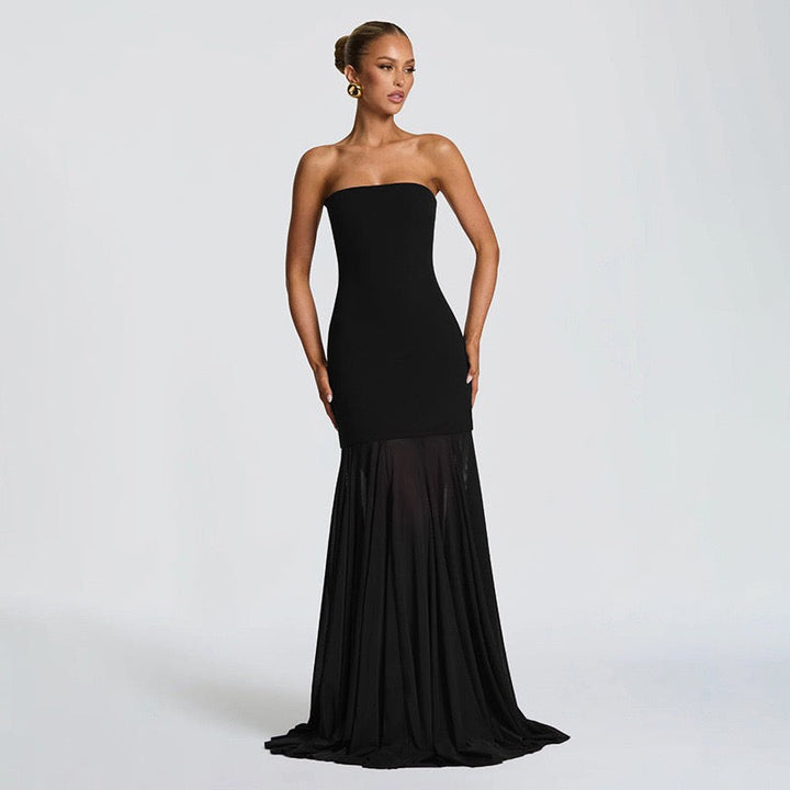 Strapless maxi dress with chiffon and matching scarf decoration - Gigi
