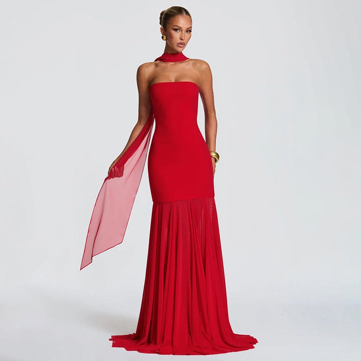 Strapless maxi dress with chiffon and matching scarf decoration - Gigi