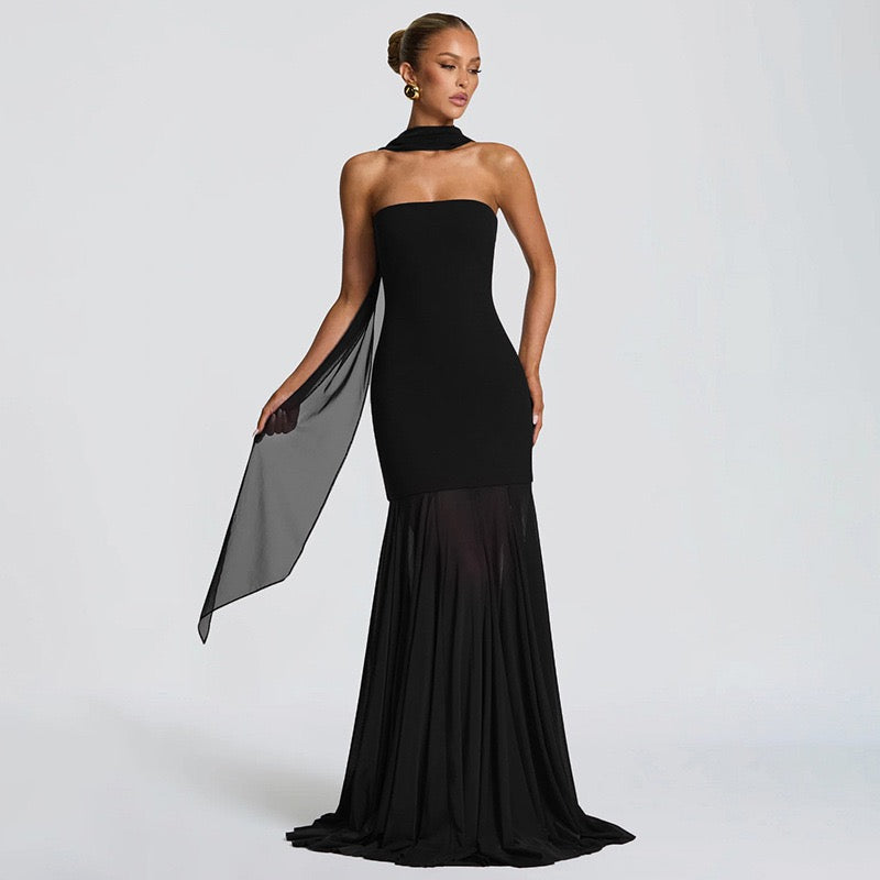 Strapless maxi dress with chiffon and matching scarf decoration - Gigi