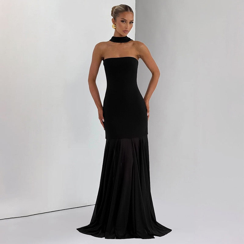 Strapless maxi dress with chiffon and matching scarf decoration - Gigi