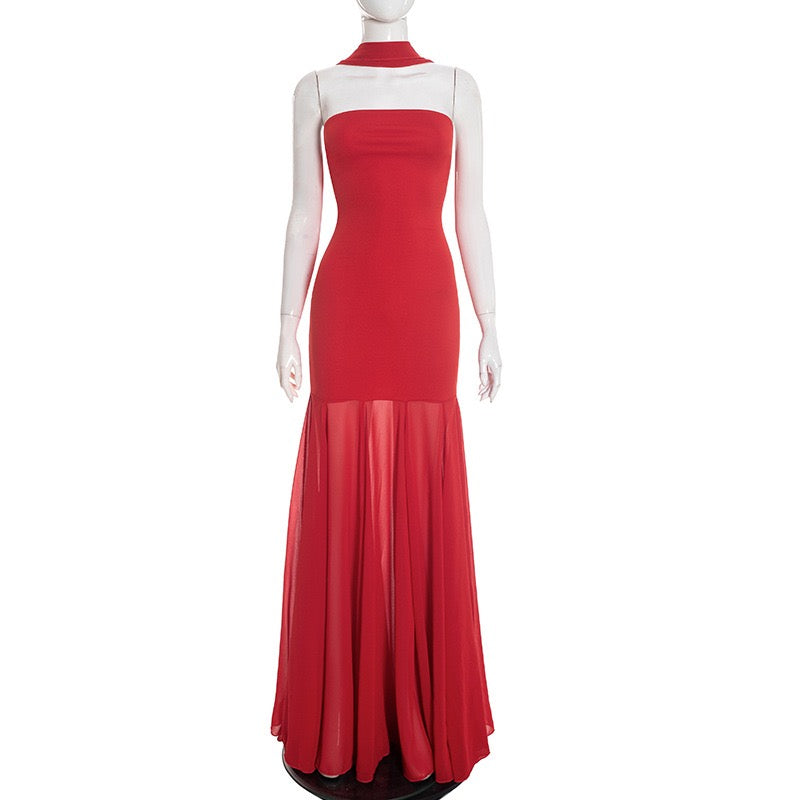 Strapless maxi dress with chiffon and matching scarf decoration - Gigi