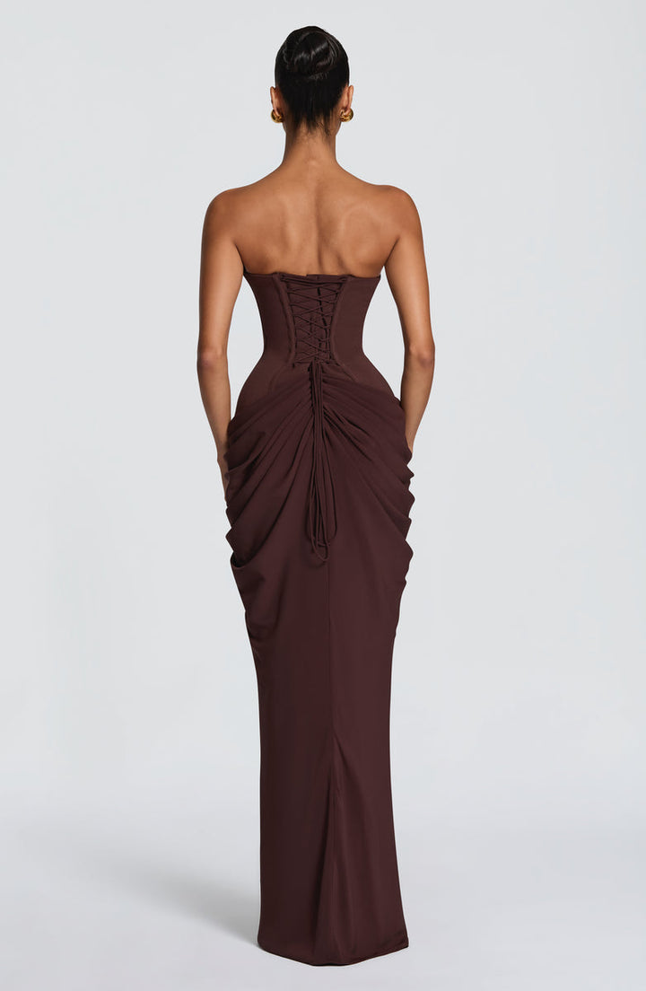 Nalia strapless maxi dress with pleats, corset design, back tie, and waist-cinching fit