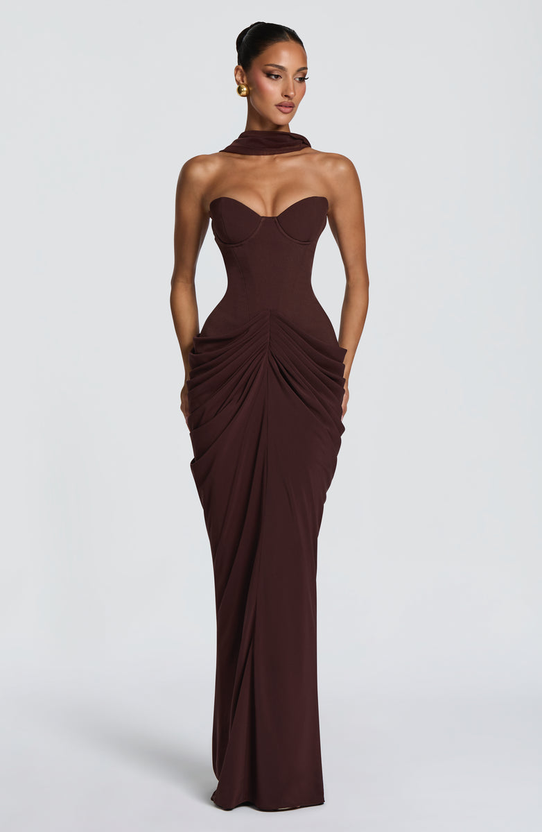 Nalia strapless maxi dress with pleats, corset design, back tie, and waist-cinching fit