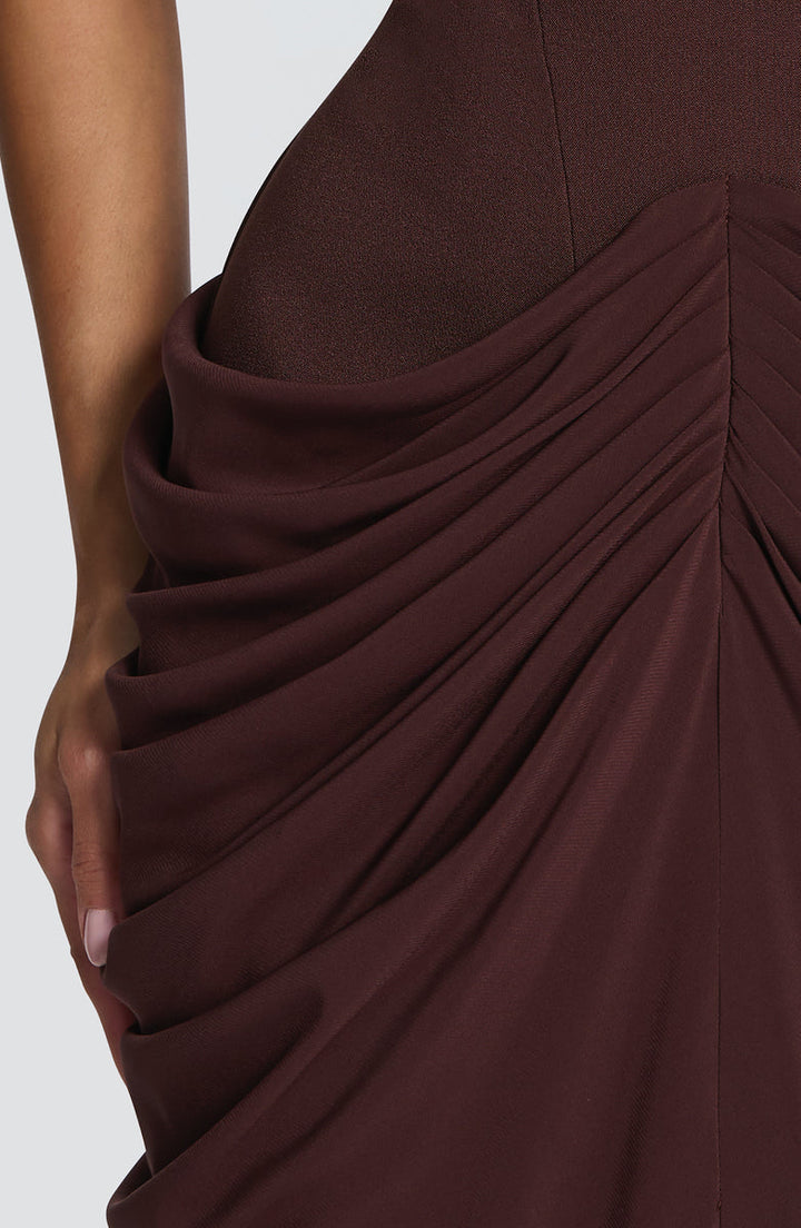 Nalia strapless maxi dress with pleats, corset design, back tie, and waist-cinching fit