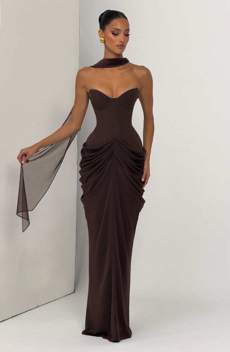 Nalia strapless maxi dress with pleats, corset design, back tie, and waist-cinching fit