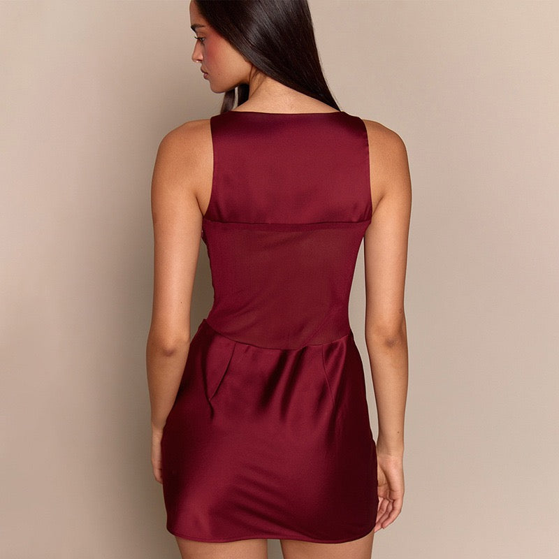 Satin Mini Dress with Mesh Design - Sandra