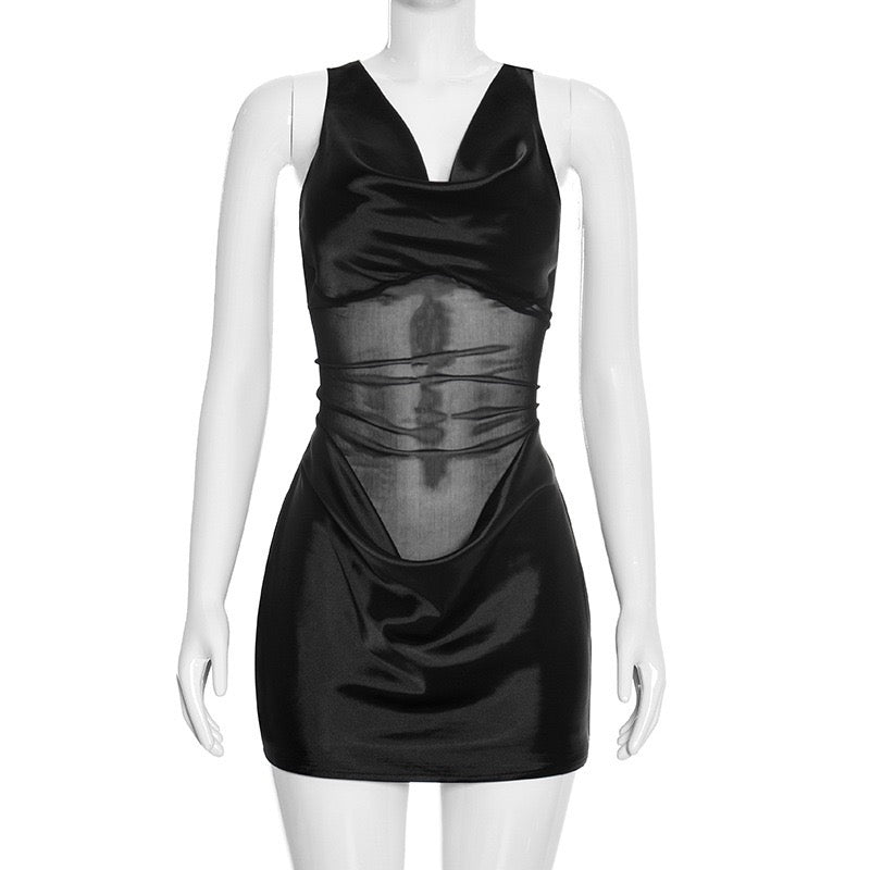 Satin Mini Dress with Mesh Design - Sandra