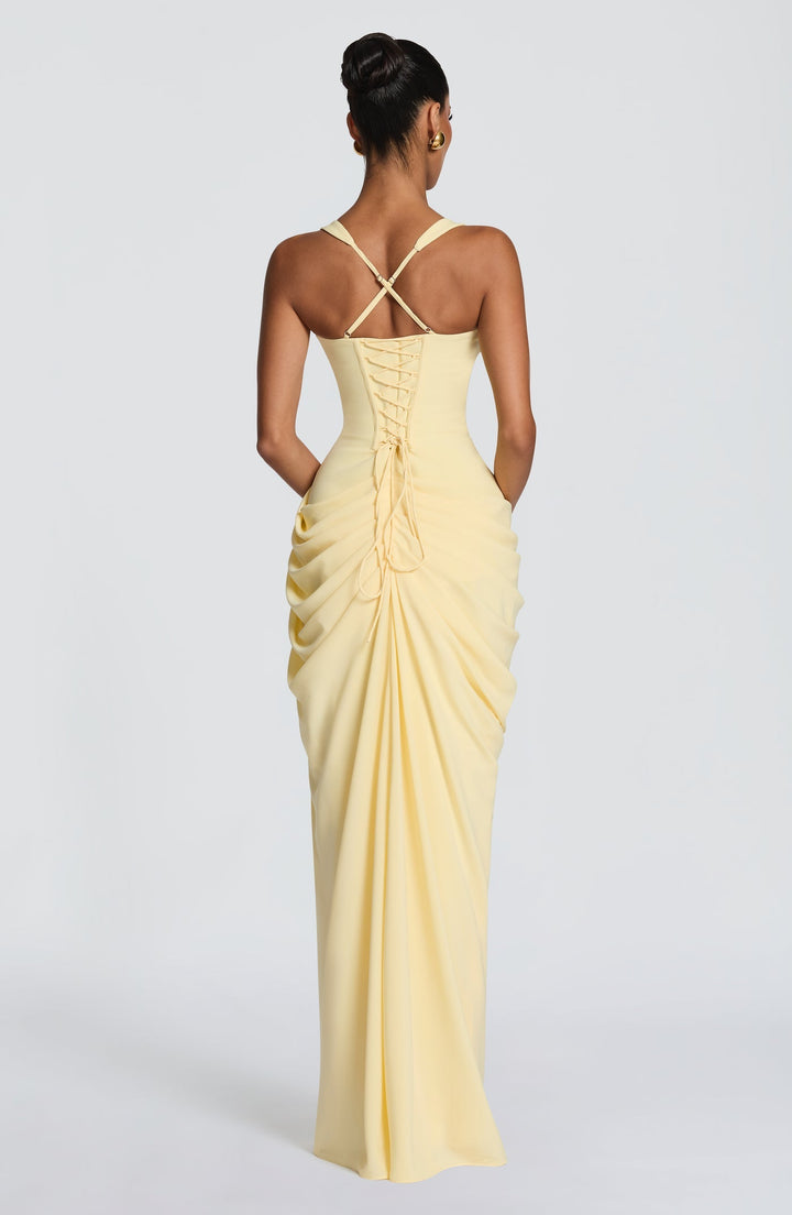 Layla maxi dress with a slit, pleats, corset design, back tie, and waist-cinching fit