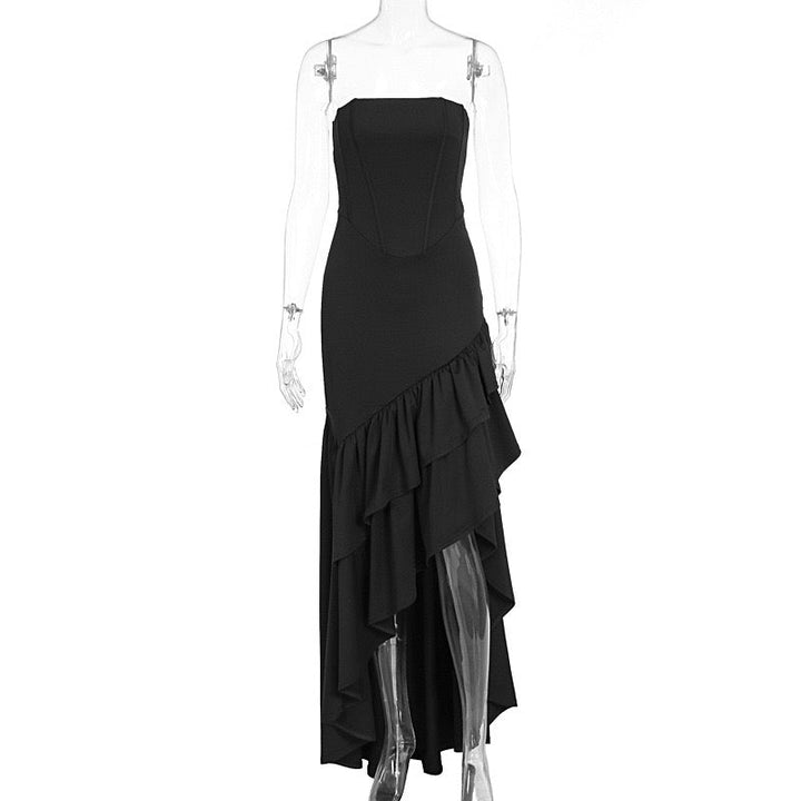 Strapless ruffled maxi dress with asymmetric tie at the back - Laverna