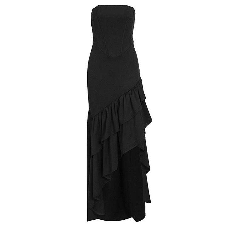 Strapless ruffled maxi dress with asymmetric tie at the back - Laverna