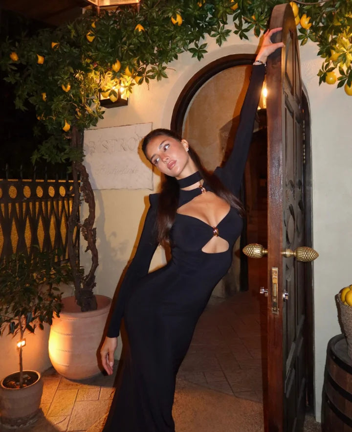 Maxi dress with cutouts and buckles, collar detail - VINNY