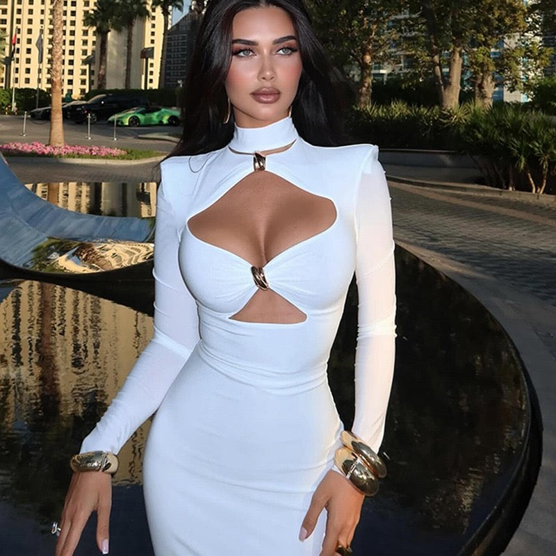 Maxi dress with cutouts and buckles, collar detail - VINNY