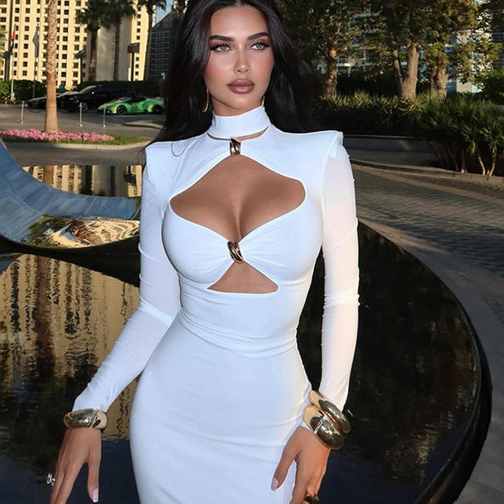 Maxi dress with cutouts and buckles, collar detail - VINNY
