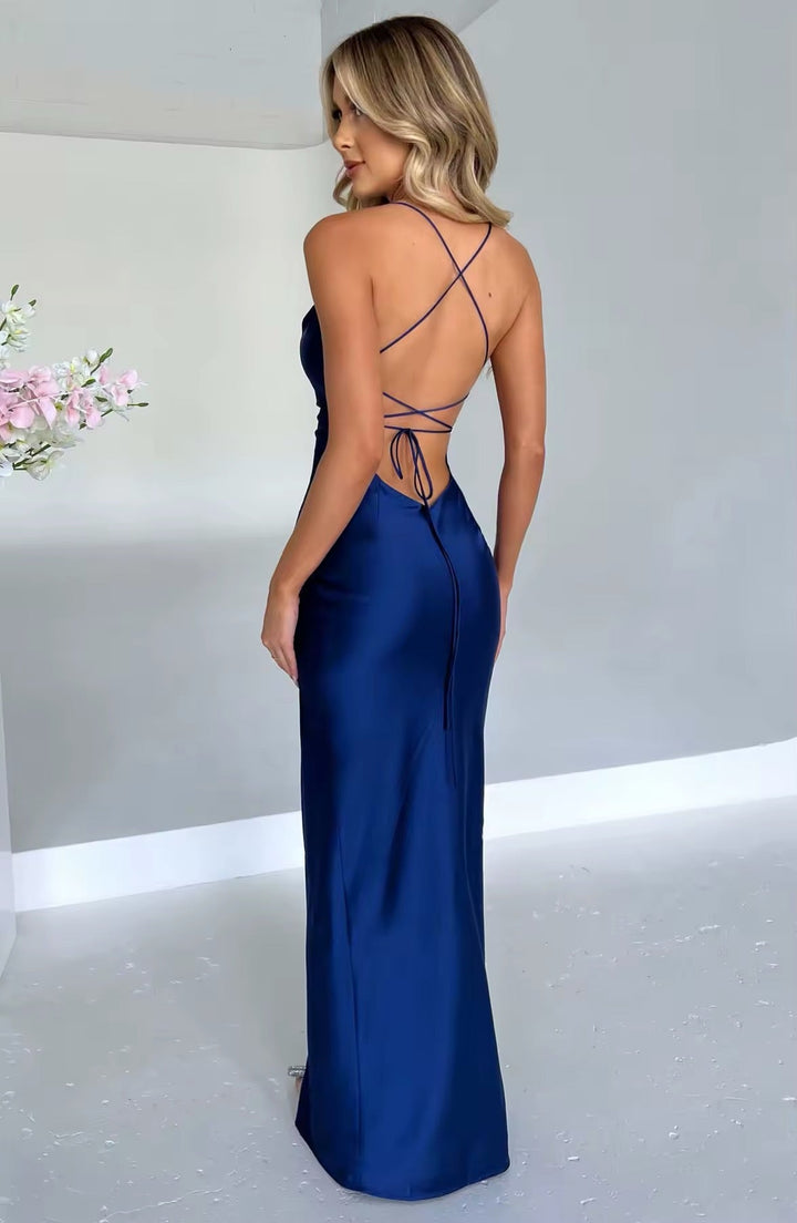 Satin Maxi Dress with Slit - Azul