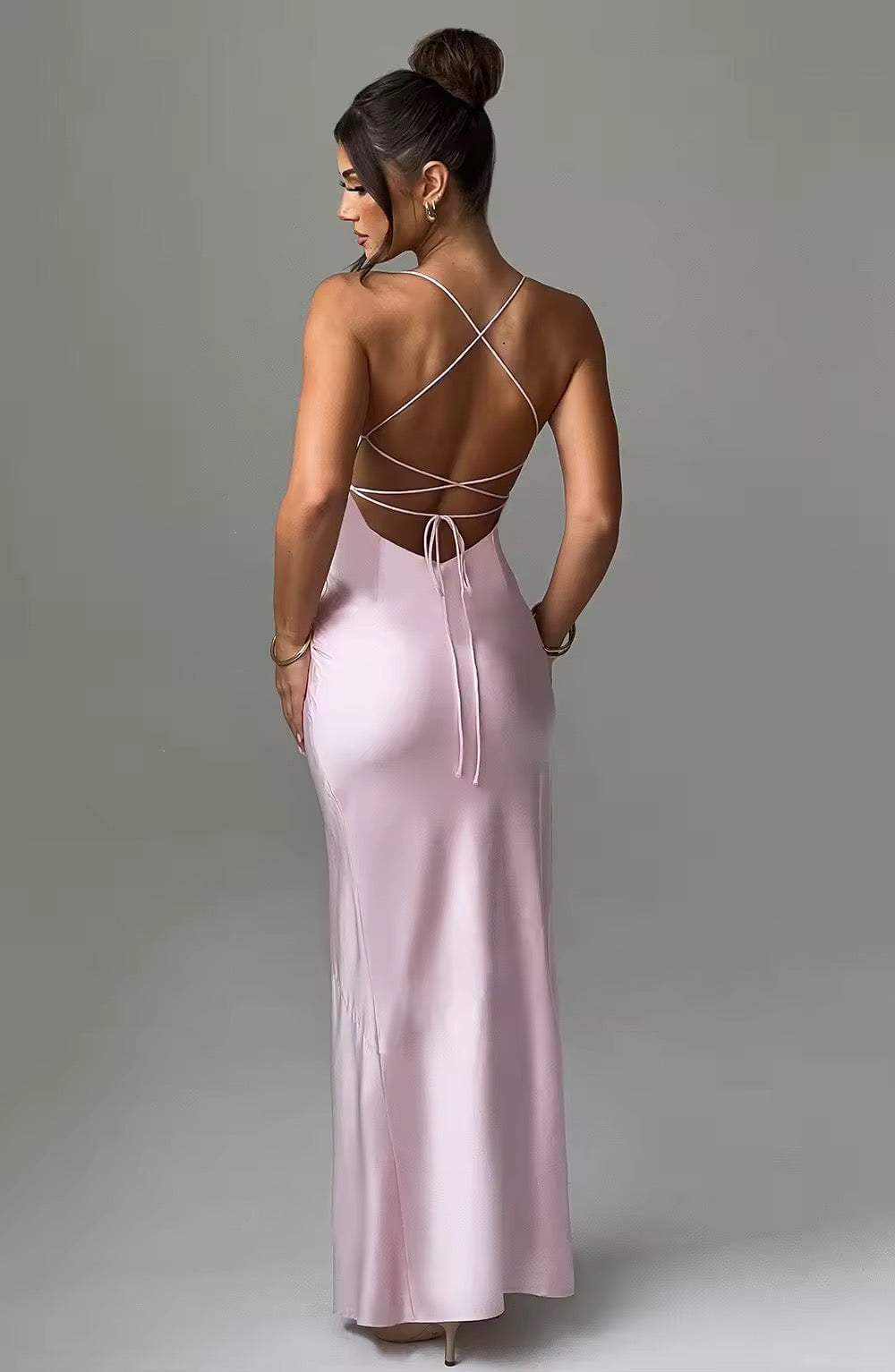 Satin Maxi Dress with Slit - Azul
