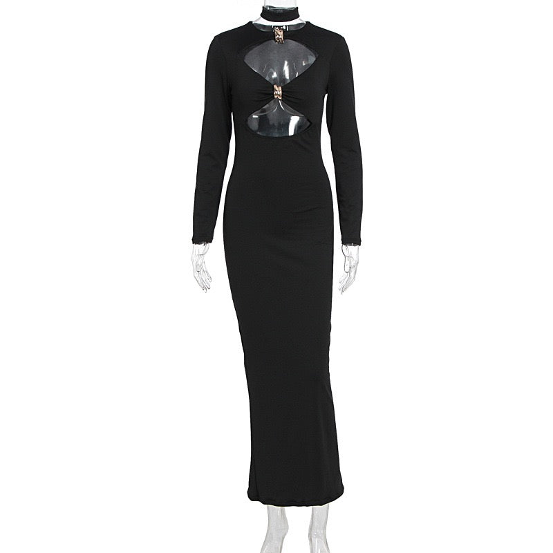 Maxi dress with cutouts and buckles, collar detail - VINNY