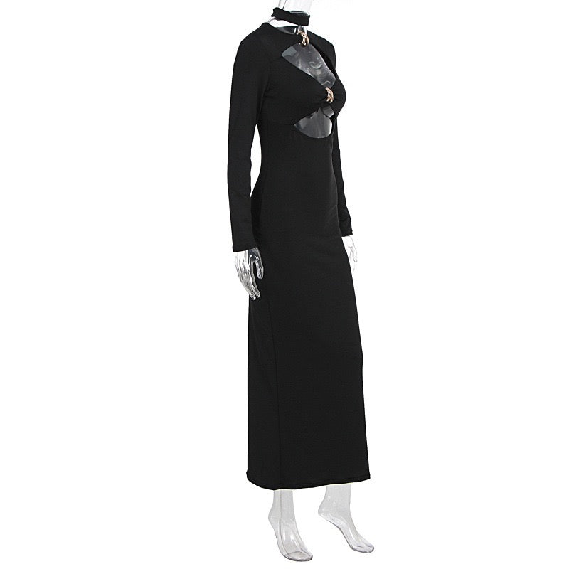 Maxi dress with cutouts and buckles, collar detail - VINNY