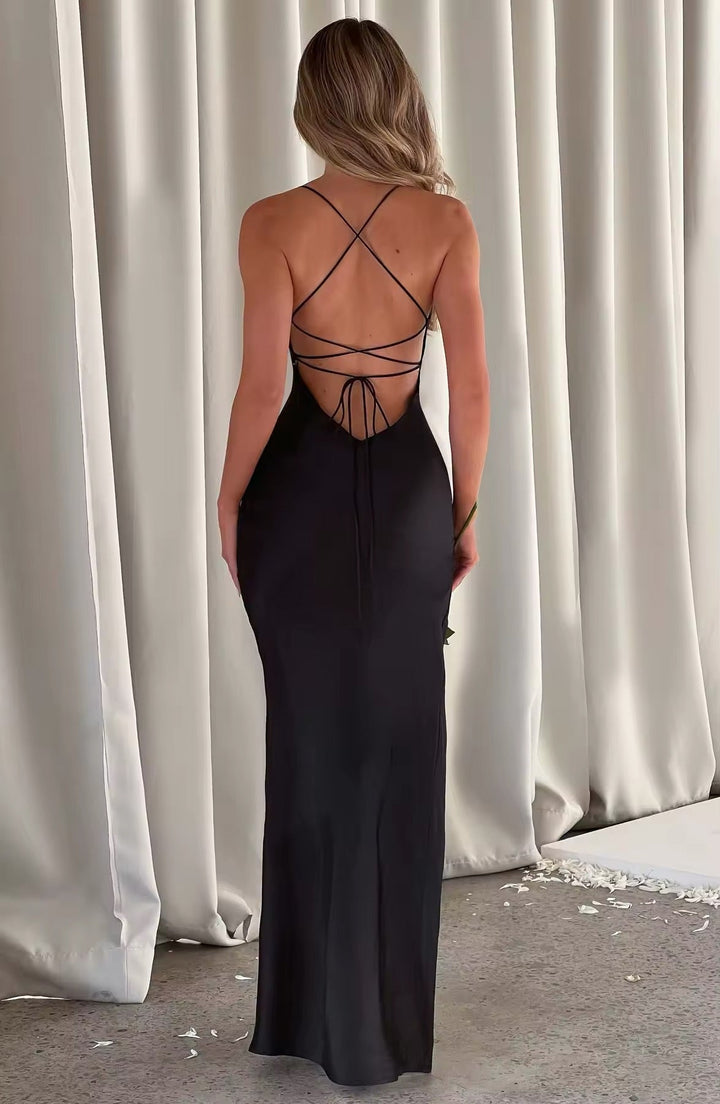 Satin Maxi Dress with Slit - Azul