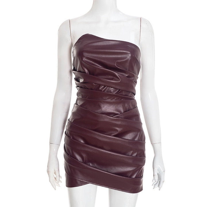 Mini strapless faux leather dress with asymmetric design and pleats - Vicky