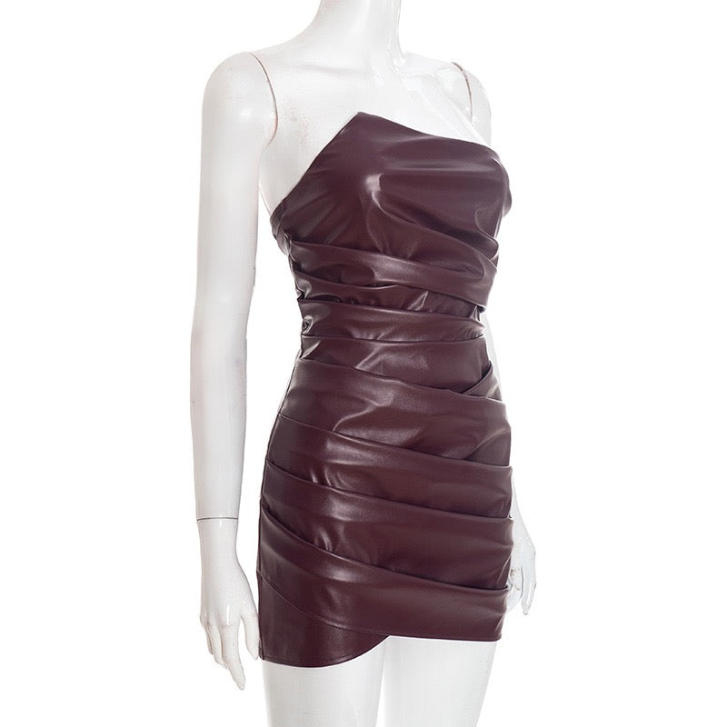 Mini strapless faux leather dress with asymmetric design and pleats - Vicky