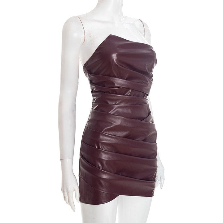 Mini strapless faux leather dress with asymmetric design and pleats - Vicky