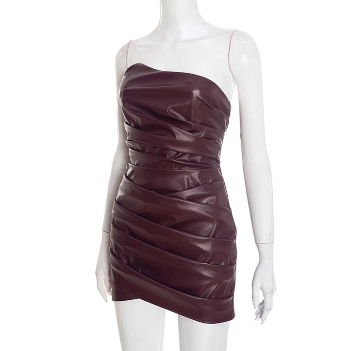 Mini strapless faux leather dress with asymmetric design and pleats - Vicky