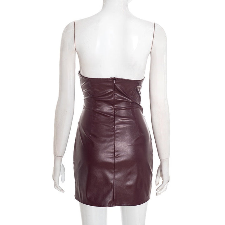 Mini strapless faux leather dress with asymmetric design and pleats - Vicky