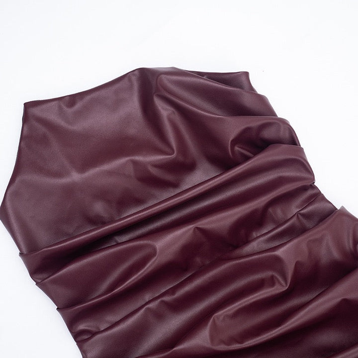 Mini strapless faux leather dress with asymmetric design and pleats - Vicky