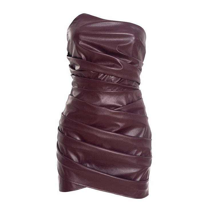 Mini strapless faux leather dress with asymmetric design and pleats - Vicky
