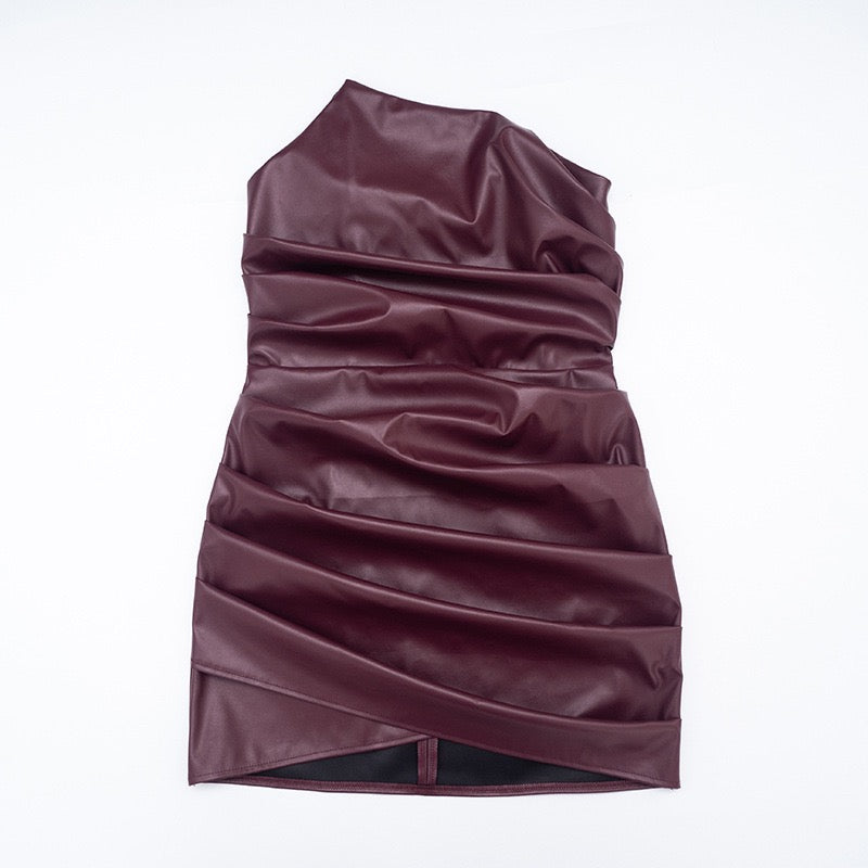 Mini strapless faux leather dress with asymmetric design and pleats - Vicky