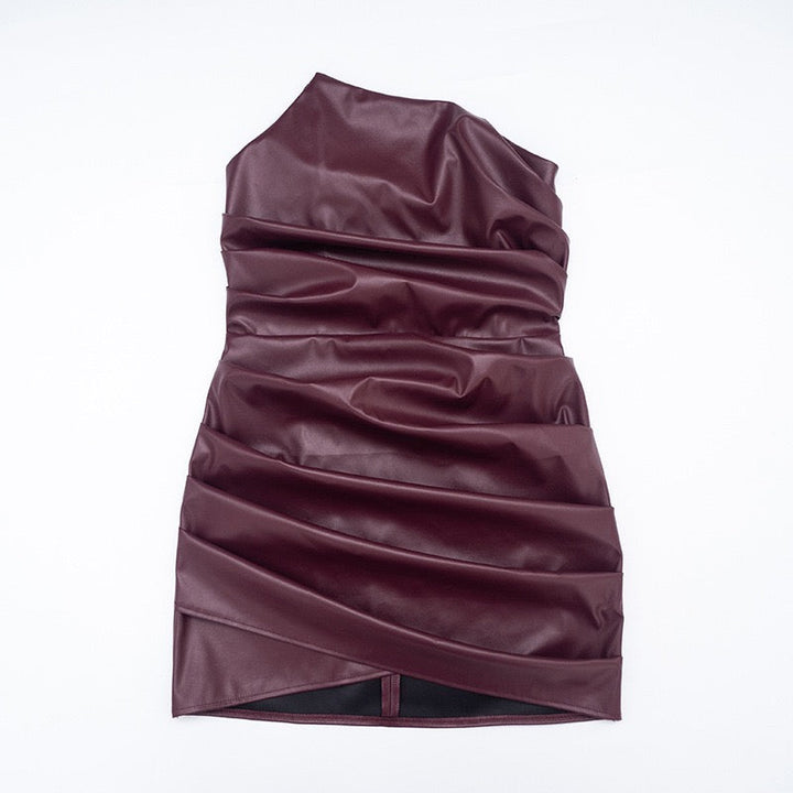Mini strapless faux leather dress with asymmetric design and pleats - Vicky