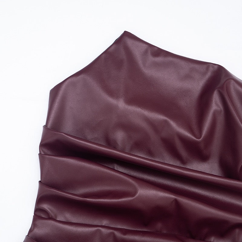Mini strapless faux leather dress with asymmetric design and pleats - Vicky