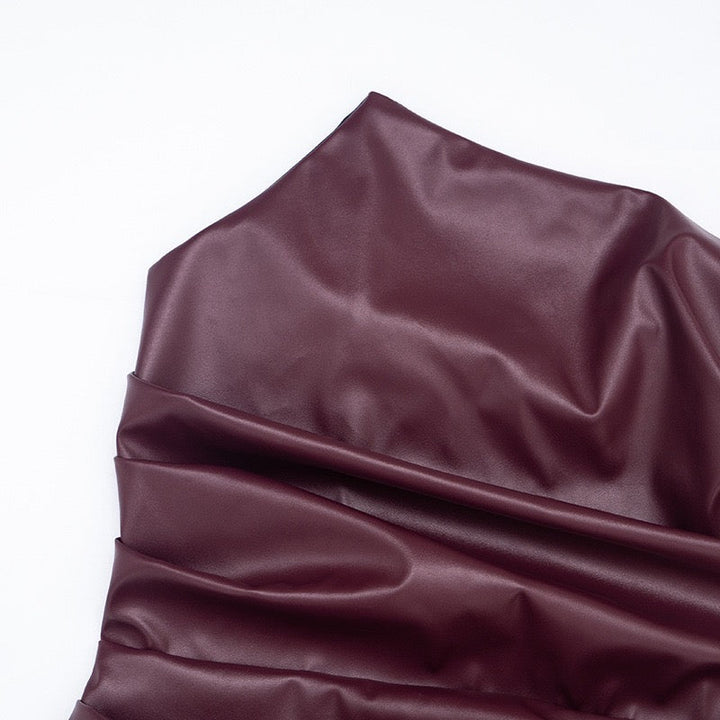 Mini strapless faux leather dress with asymmetric design and pleats - Vicky