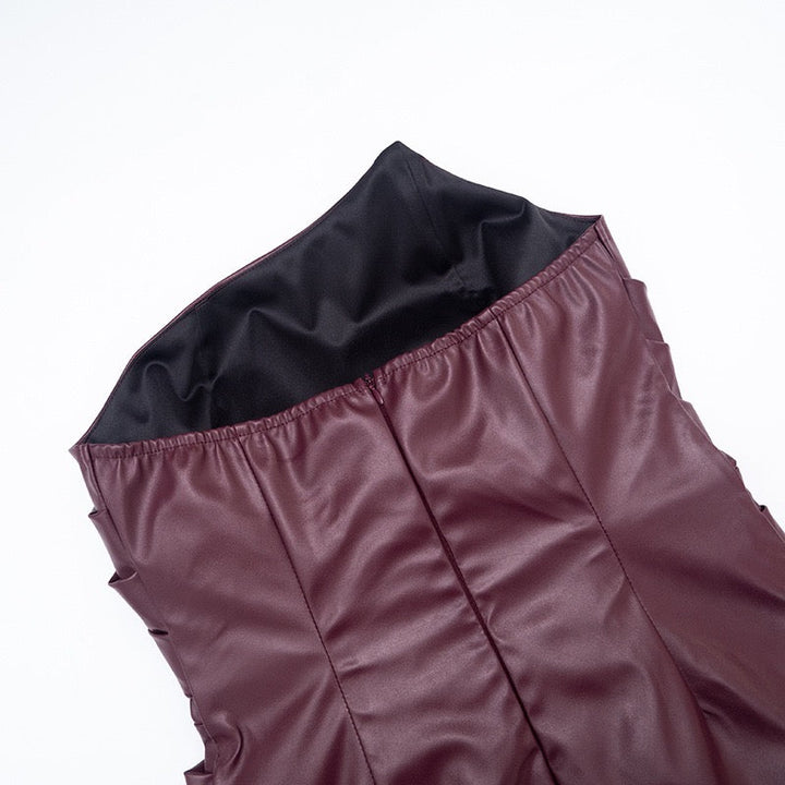 Mini strapless faux leather dress with asymmetric design and pleats - Vicky