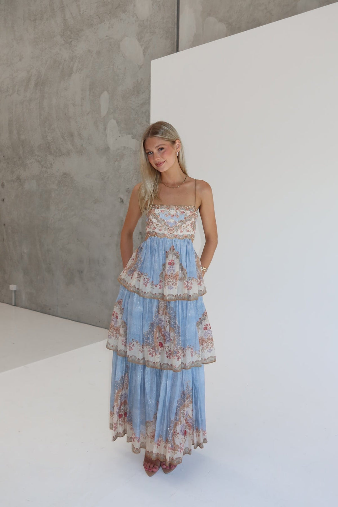 Roa - Layered ruffled chiffon maxi dress with a back tie for waist adjustment