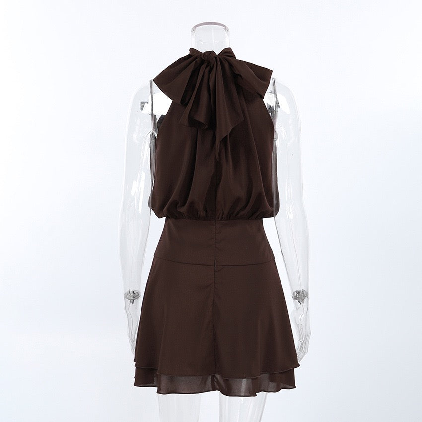 Gigi - Satin mini dress with a halter tie and chiffon embellishment