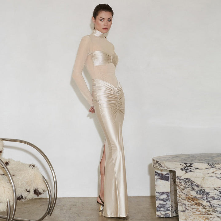 Maxi turtleneck dress in shiny fabric with ruching and mesh design - Liana