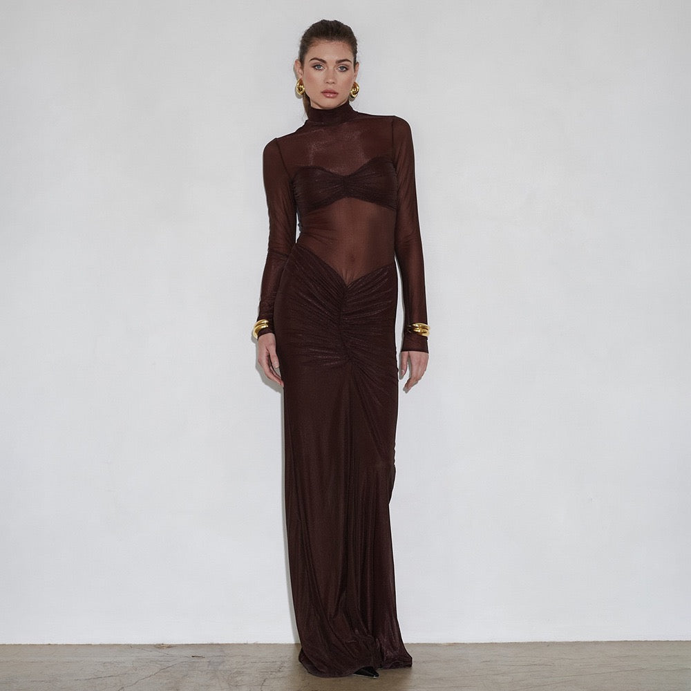 Maxi turtleneck dress in shiny fabric with ruching and mesh design - Liana