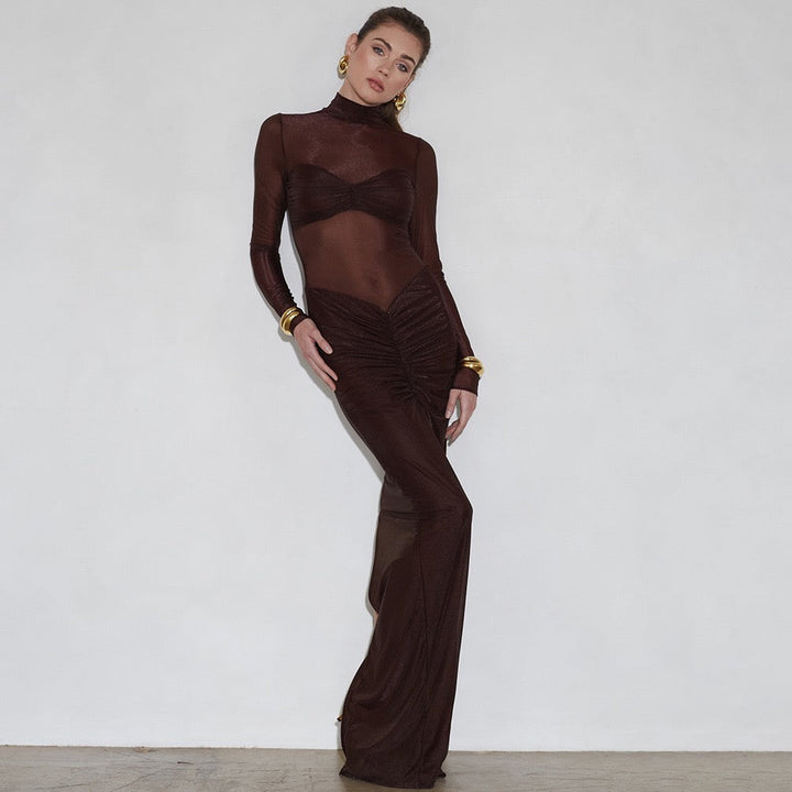 Maxi turtleneck dress in shiny fabric with ruching and mesh design - Liana