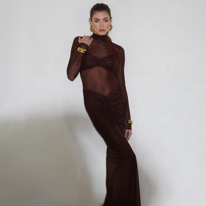 Maxi turtleneck dress in shiny fabric with ruching and mesh design - Liana