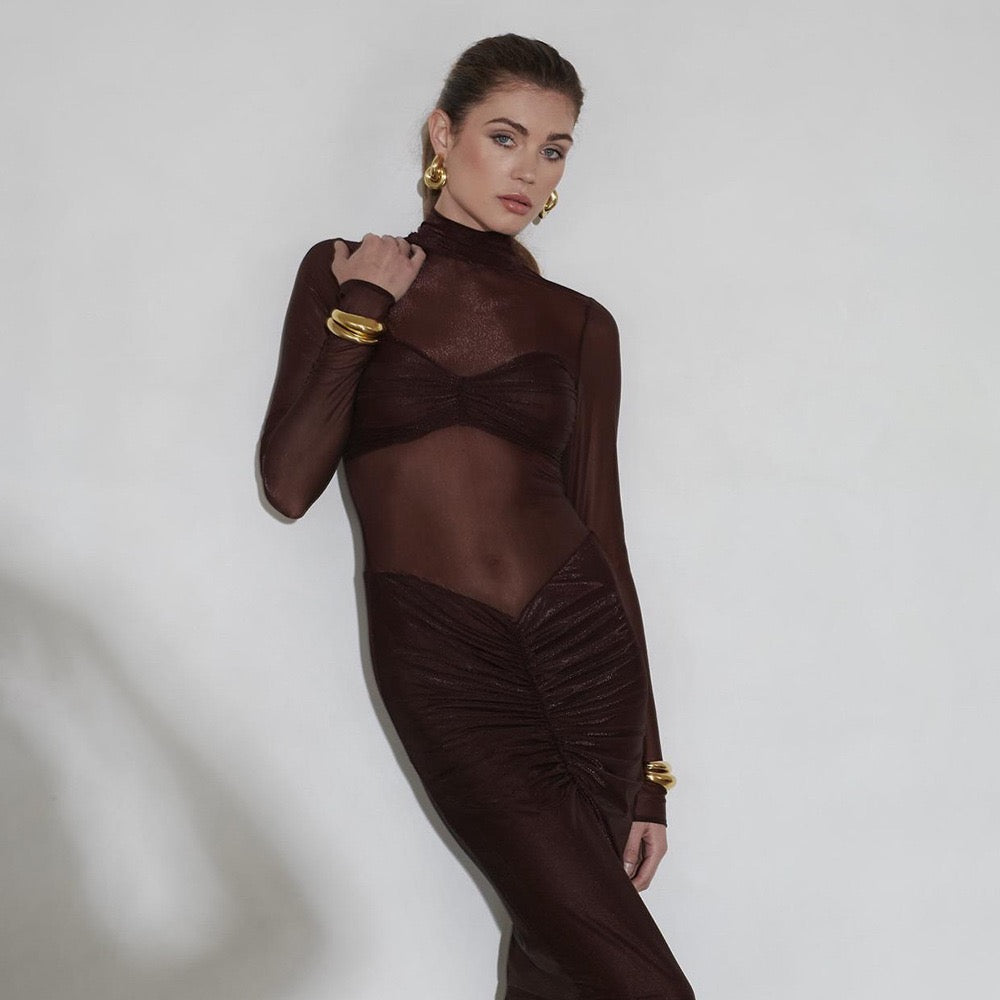 Maxi turtleneck dress in shiny fabric with ruching and mesh design - Liana