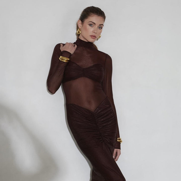 Maxi turtleneck dress in shiny fabric with ruching and mesh design - Liana